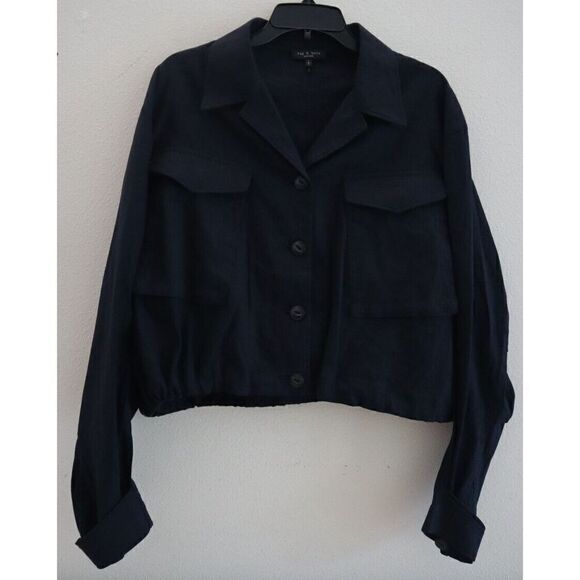 Rag & Bone Women's Sz L Black Cotton Blend Button Down Collared Jacket $585 - Picture 1 of 7